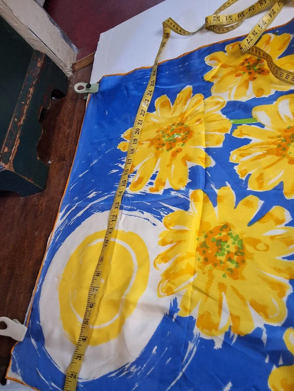 Vera Neumann Silk Scarf Blue Yellow Floral Sun Print Vintage Signed Square Scarf